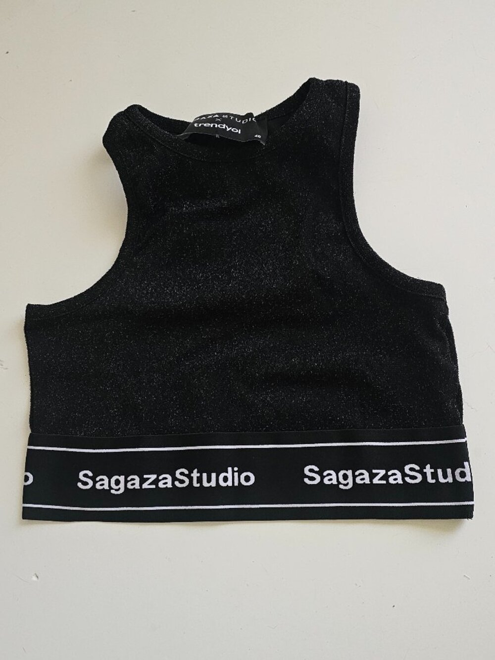 Trendyol Sagaza Studio Women's Glitter Crop Top Bra Black Size L NEW